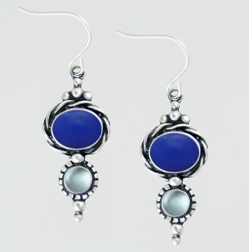 Sterling Silver Drop Dangle Earrings With Blue Onyx And Blue Topaz